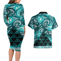 Matariki New Zealand Couples Matching Long Sleeve Bodycon Dress and Hawaiian Shirt NZ Niho Taniwha Maori New Year Cyan Galaxy LT14 - Polynesian Pride