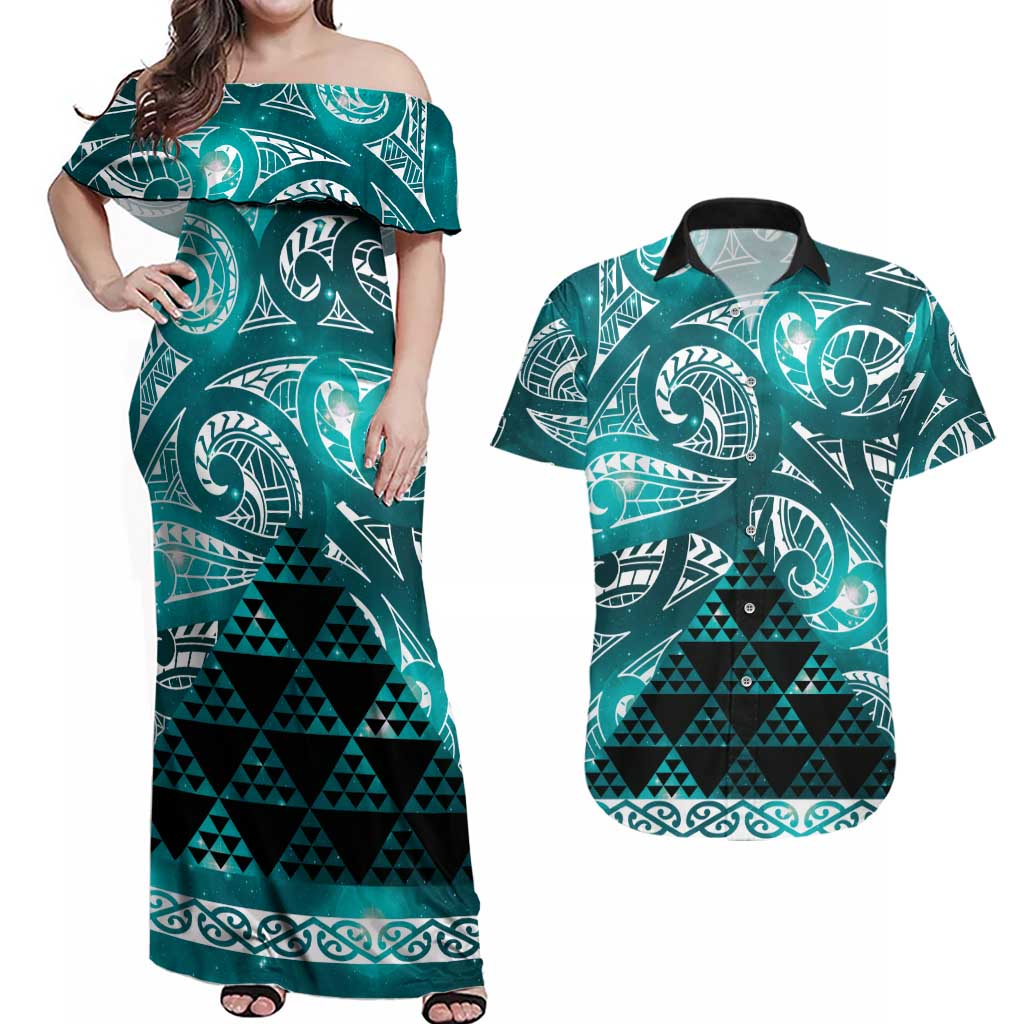 Matariki New Zealand Couples Matching Off Shoulder Maxi Dress and Hawaiian Shirt NZ Niho Taniwha Maori New Year Cyan Galaxy