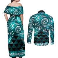 Matariki New Zealand Couples Matching Off Shoulder Maxi Dress and Long Sleeve Button Shirt NZ Niho Taniwha Maori New Year Cyan Galaxy