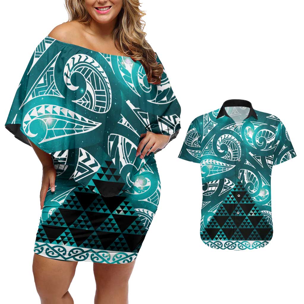 Matariki New Zealand Couples Matching Off Shoulder Short Dress and Hawaiian Shirt NZ Niho Taniwha Maori New Year Cyan Galaxy