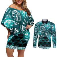 Matariki New Zealand Couples Matching Off Shoulder Short Dress and Long Sleeve Button Shirt NZ Niho Taniwha Maori New Year Cyan Galaxy