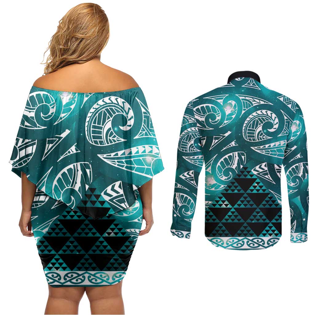 Matariki New Zealand Couples Matching Off Shoulder Short Dress and Long Sleeve Button Shirt NZ Niho Taniwha Maori New Year Cyan Galaxy