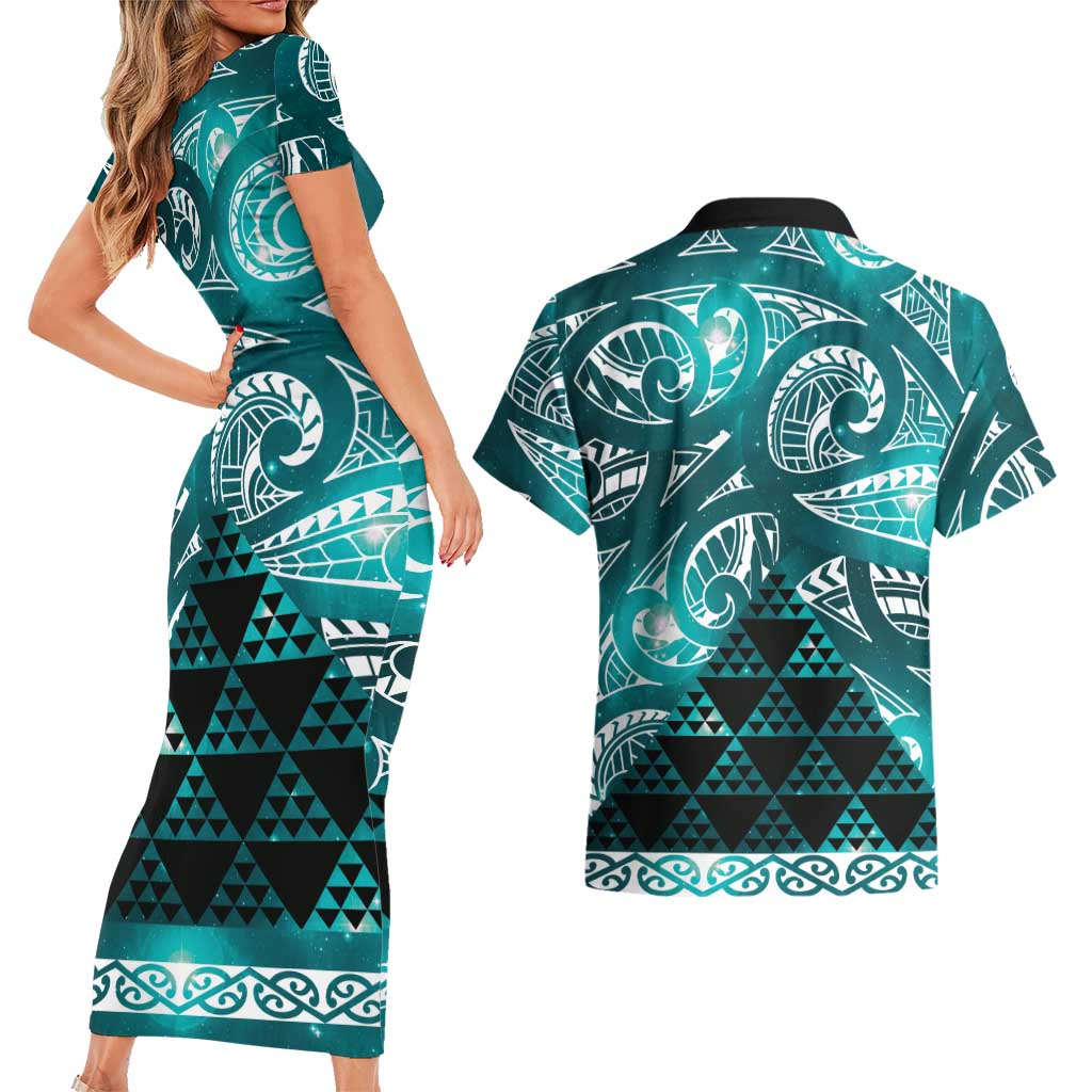 Matariki New Zealand Couples Matching Short Sleeve Bodycon Dress and Hawaiian Shirt NZ Niho Taniwha Maori New Year Cyan Galaxy LT14 - Polynesian Pride