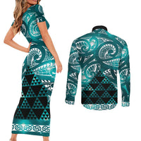 Matariki New Zealand Couples Matching Short Sleeve Bodycon Dress and Long Sleeve Button Shirt NZ Niho Taniwha Maori New Year Cyan Galaxy
