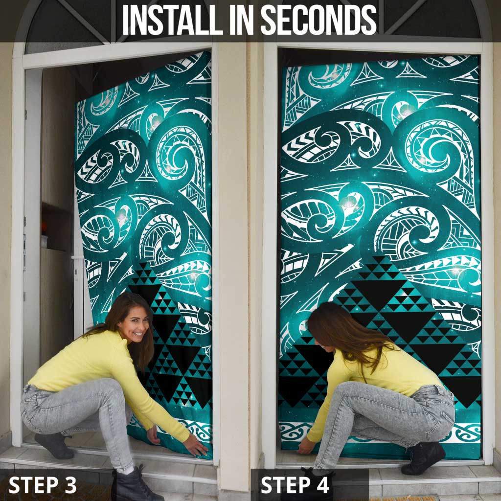 Matariki New Zealand Door Cover NZ Niho Taniwha Maori New Year Cyan Galaxy LT14 - Polynesian Pride