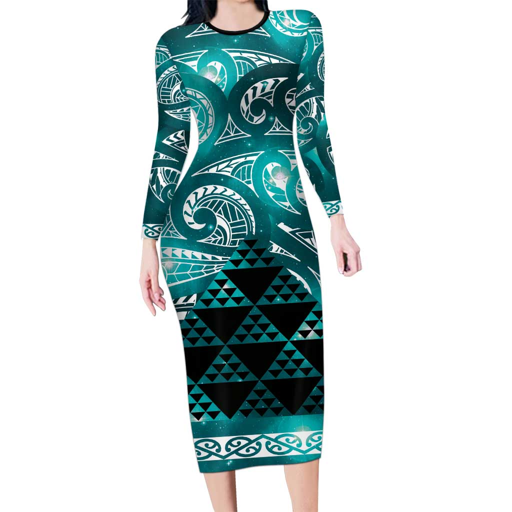 Matariki New Zealand Family Matching Long Sleeve Bodycon Dress and Hawaiian Shirt NZ Niho Taniwha Maori New Year Cyan Galaxy LT14 Mom's Dress Cyan - Polynesian Pride