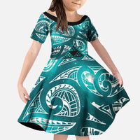 Matariki New Zealand Family Matching Off Shoulder Maxi Dress and Hawaiian Shirt NZ Niho Taniwha Maori New Year Cyan Galaxy LT14 Daughter's Dress Cyan - Polynesian Pride