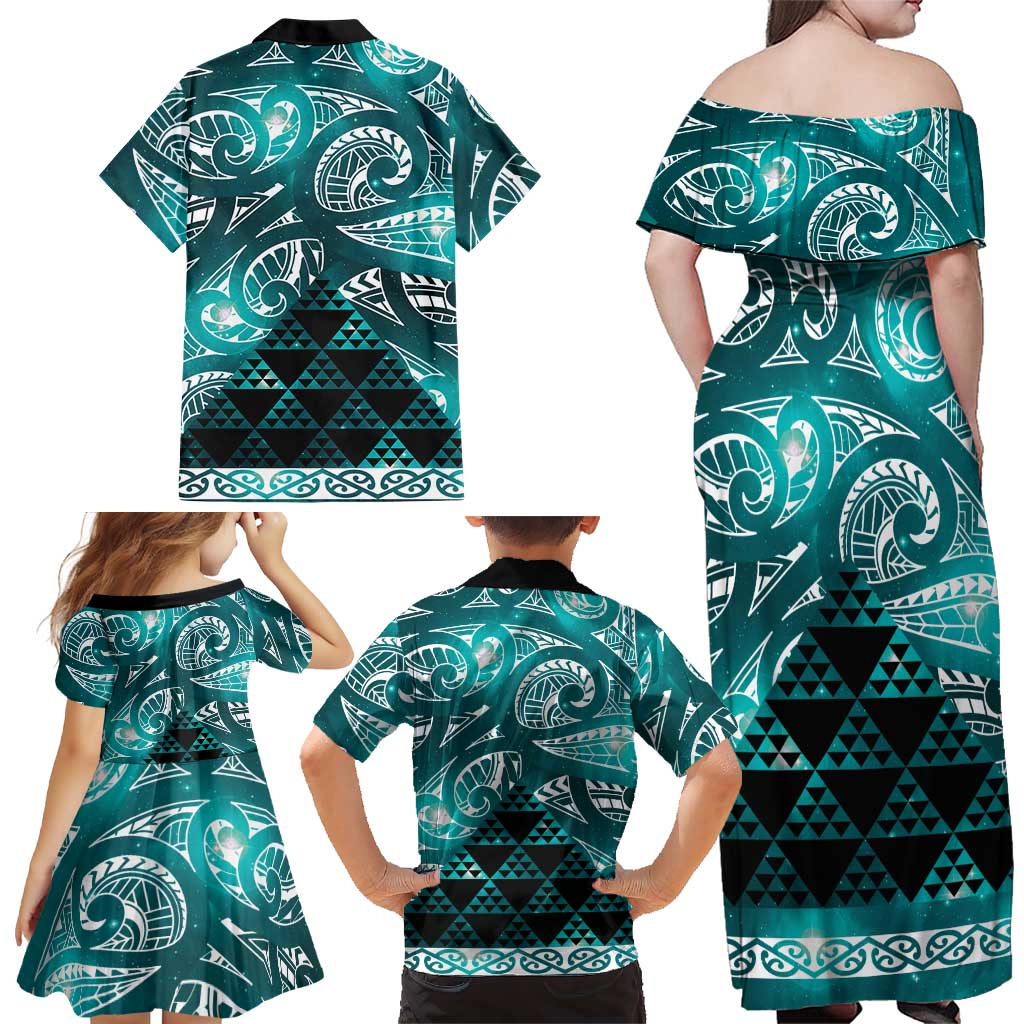 Matariki New Zealand Family Matching Off Shoulder Maxi Dress and Hawaiian Shirt NZ Niho Taniwha Maori New Year Cyan Galaxy LT14 - Polynesian Pride