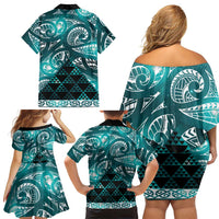 Matariki New Zealand Family Matching Off Shoulder Short Dress and Hawaiian Shirt NZ Niho Taniwha Maori New Year Cyan Galaxy LT14 - Polynesian Pride
