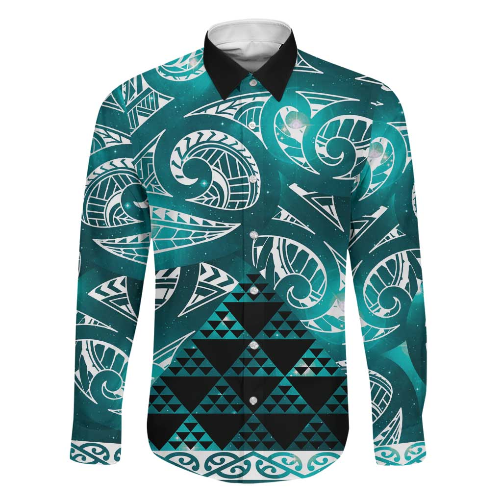 Matariki New Zealand Family Matching Off Shoulder Short Dress and Hawaiian Shirt NZ Niho Taniwha Maori New Year Cyan Galaxy LT14 Dad's Shirt - Long Sleeve Cyan - Polynesian Pride