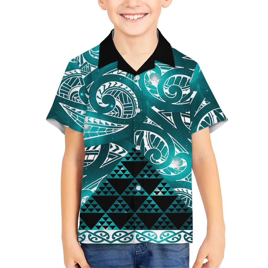 Matariki New Zealand Family Matching Off Shoulder Short Dress and Hawaiian Shirt NZ Niho Taniwha Maori New Year Cyan Galaxy LT14 Son's Shirt Cyan - Polynesian Pride
