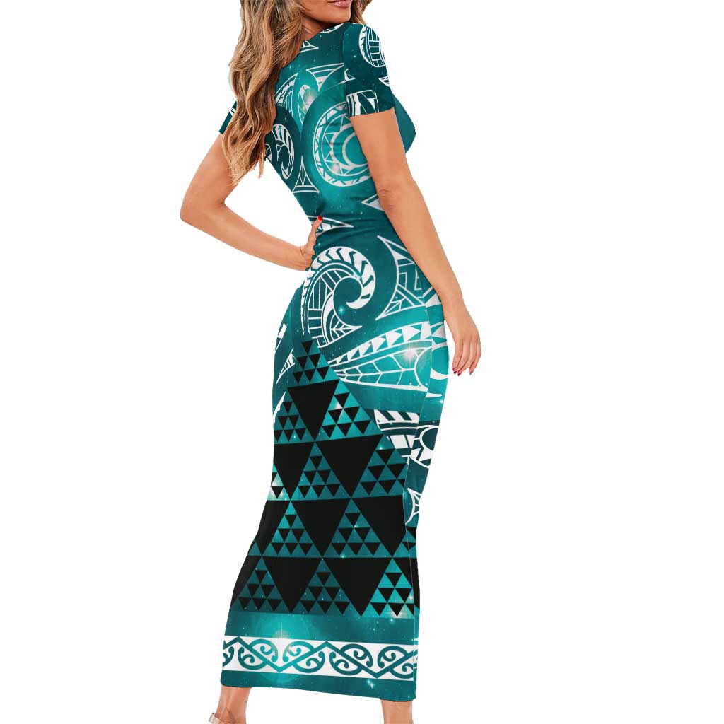 Matariki New Zealand Family Matching Short Sleeve Bodycon Dress and Hawaiian Shirt NZ Niho Taniwha Maori New Year Cyan Galaxy LT14 - Polynesian Pride