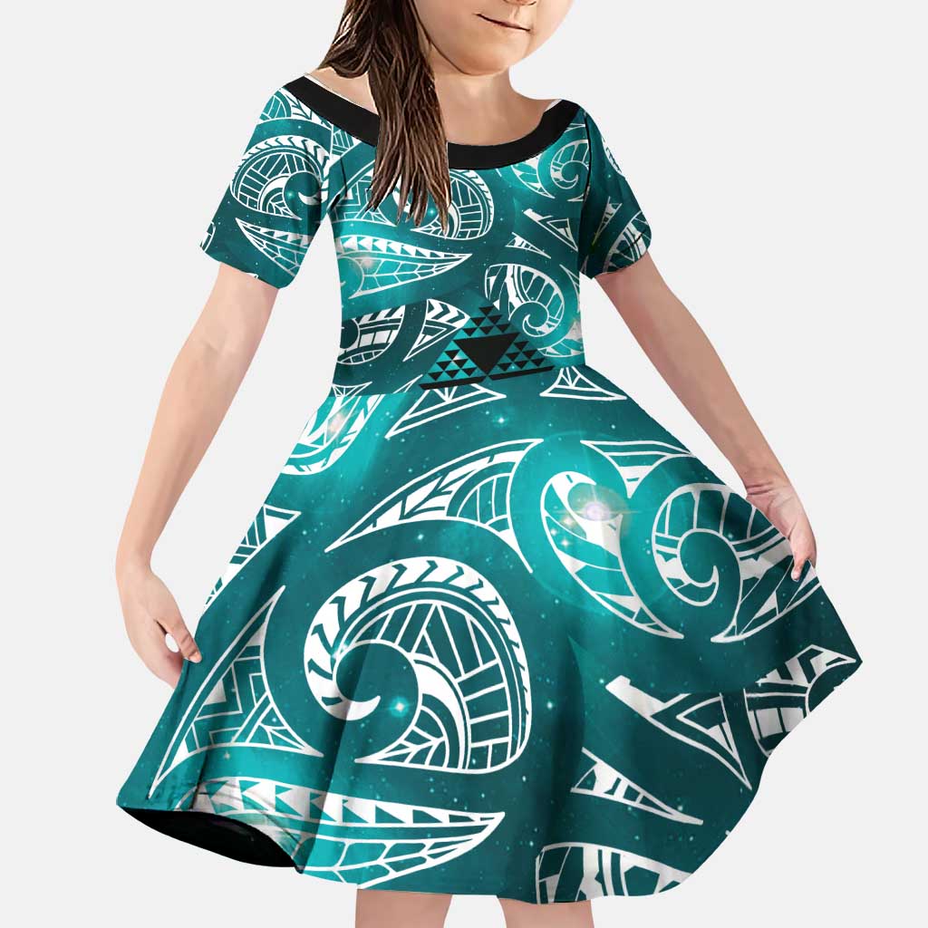 Matariki New Zealand Family Matching Summer Maxi Dress and Hawaiian Shirt NZ Niho Taniwha Maori New Year Cyan Galaxy LT14 Daughter's Dress Cyan - Polynesian Pride
