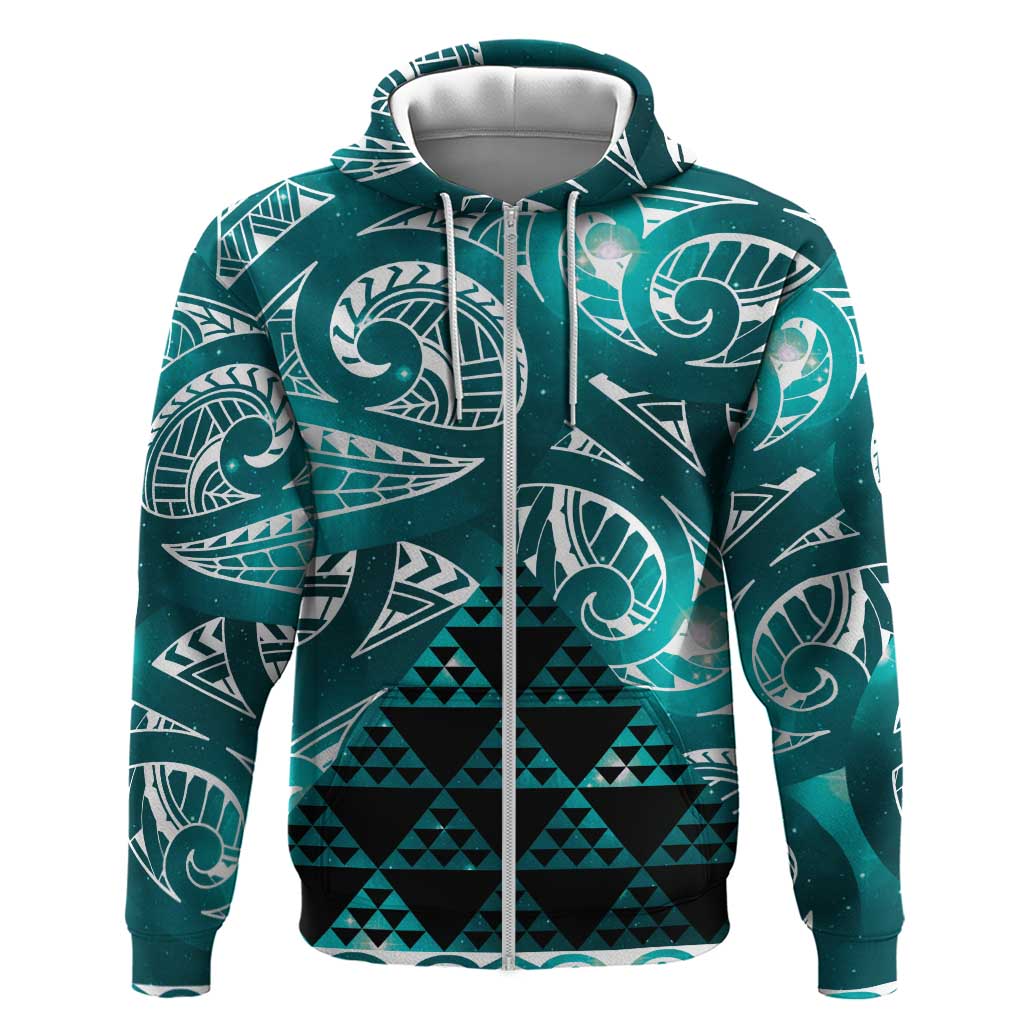 Matariki New Zealand Hoodie NZ Niho Taniwha Maori New Year Cyan Galaxy LT14 Zip Hoodie Cyan - Polynesian Pride