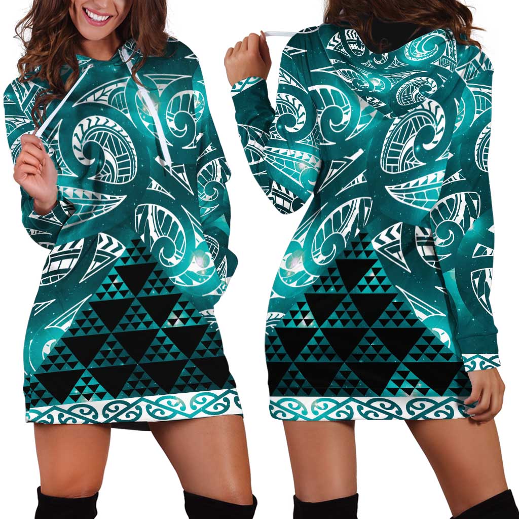 Matariki New Zealand Hoodie Dress NZ Niho Taniwha Maori New Year Cyan Galaxy