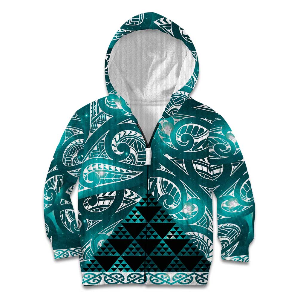 Matariki New Zealand Kid Hoodie NZ Niho Taniwha Maori New Year Cyan Galaxy LT14 Zip Hoodie Cyan - Polynesian Pride