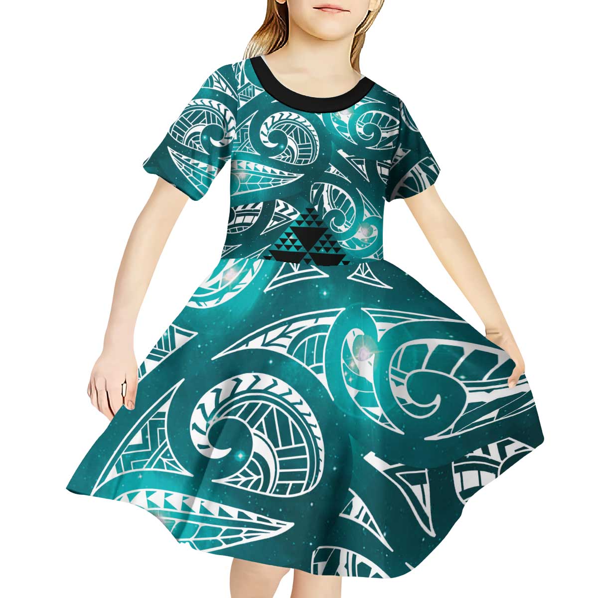 Matariki New Zealand Kid Short Sleeve Dress NZ Niho Taniwha Maori New Year Cyan Galaxy LT14 - Polynesian Pride