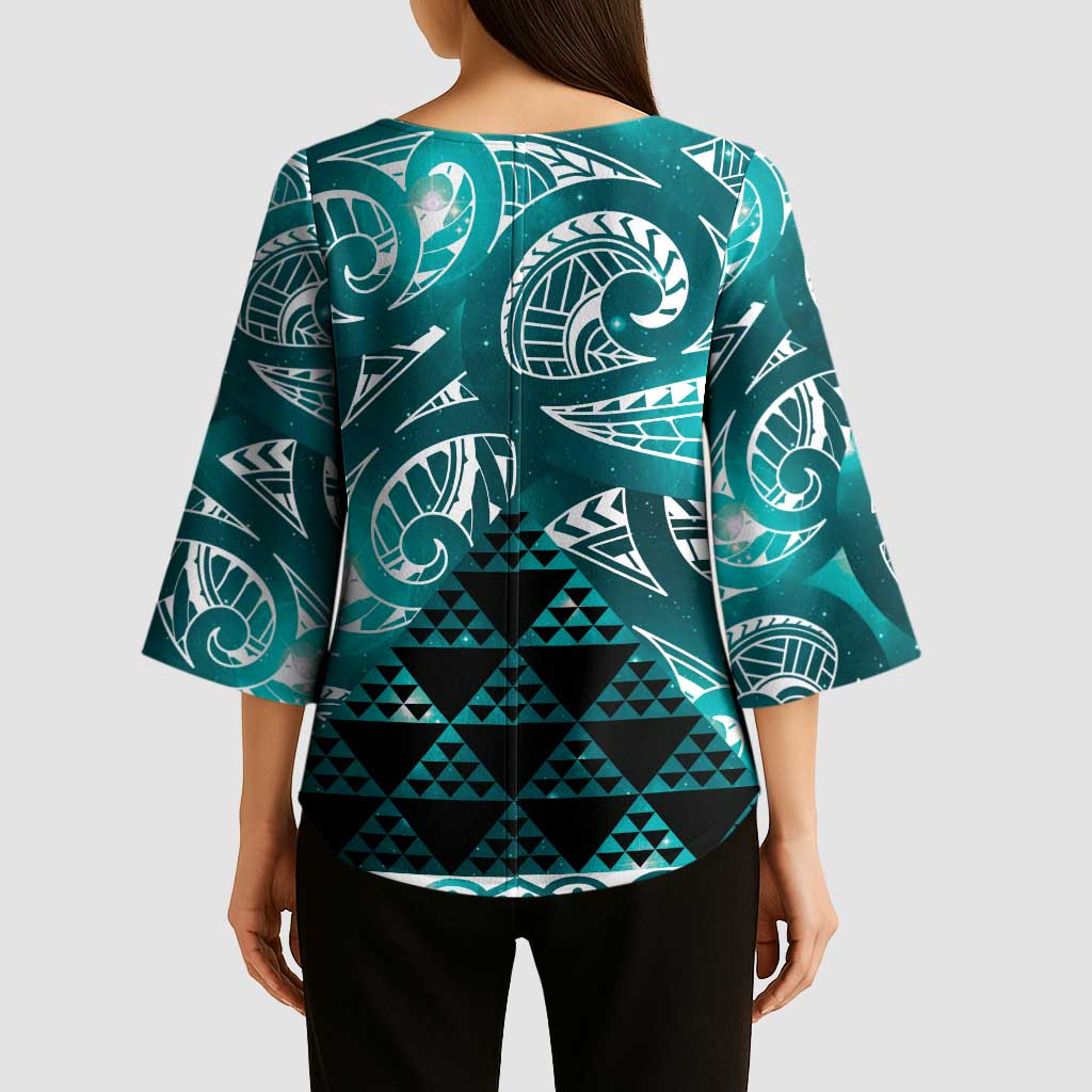 Matariki New Zealand Kimono Sleeve Blouse NZ Niho Taniwha Maori New Year Cyan Galaxy LT14 - Polynesian Pride