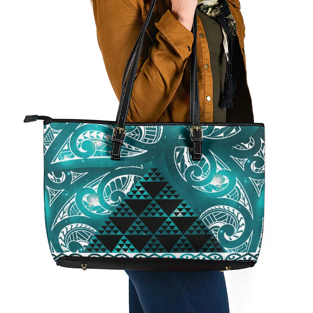 Matariki New Zealand Leather Tote Bag NZ Niho Taniwha Maori New Year Cyan Galaxy LT14 - Polynesian Pride