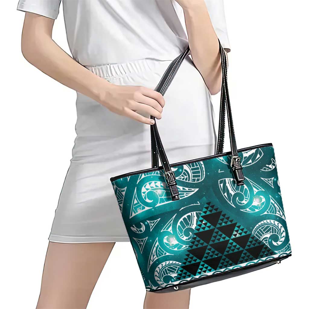 Matariki New Zealand Leather Tote Bag NZ Niho Taniwha Maori New Year Cyan Galaxy LT14 - Polynesian Pride