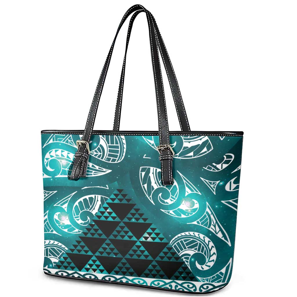 Matariki New Zealand Leather Tote Bag NZ Niho Taniwha Maori New Year Cyan Galaxy LT14 - Polynesian Pride