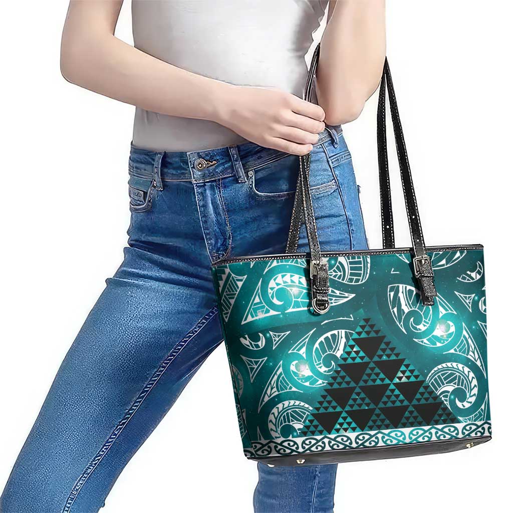 Matariki New Zealand Leather Tote Bag NZ Niho Taniwha Maori New Year Cyan Galaxy LT14 - Polynesian Pride