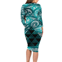 Matariki New Zealand Long Sleeve Bodycon Dress NZ Niho Taniwha Maori New Year Cyan Galaxy LT14 - Polynesian Pride