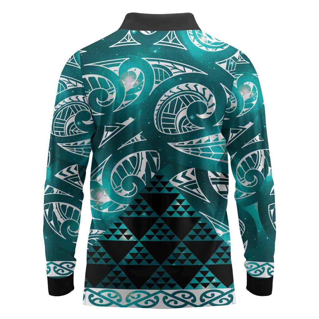 Matariki New Zealand Long Sleeve Polo Shirt NZ Niho Taniwha Maori New Year Cyan Galaxy LT14 - Polynesian Pride
