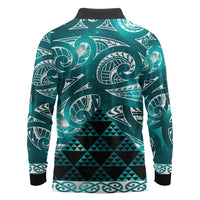 Matariki New Zealand Long Sleeve Polo Shirt NZ Niho Taniwha Maori New Year Cyan Galaxy LT14 - Polynesian Pride