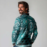 Matariki New Zealand Long Sleeve Polo Shirt NZ Niho Taniwha Maori New Year Cyan Galaxy LT14 - Polynesian Pride