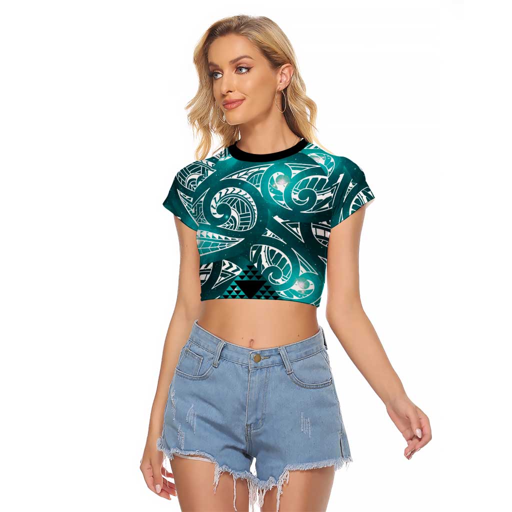 Matariki New Zealand Raglan Cropped T Shirt NZ Niho Taniwha Maori New Year Cyan Galaxy LT14 Female Cyan - Polynesian Pride