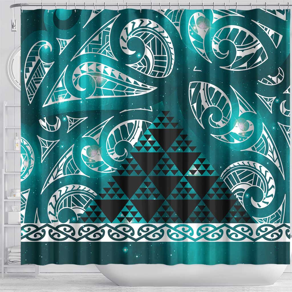 Matariki New Zealand Shower Curtain NZ Niho Taniwha Maori New Year Cyan Galaxy LT14 - Polynesian Pride