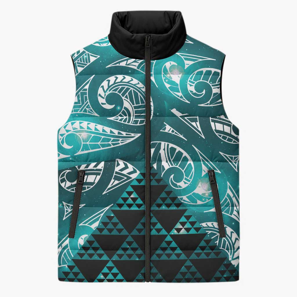 Matariki New Zealand Sleeveless Puffer Jacket NZ Niho Taniwha Maori New Year Cyan Galaxy