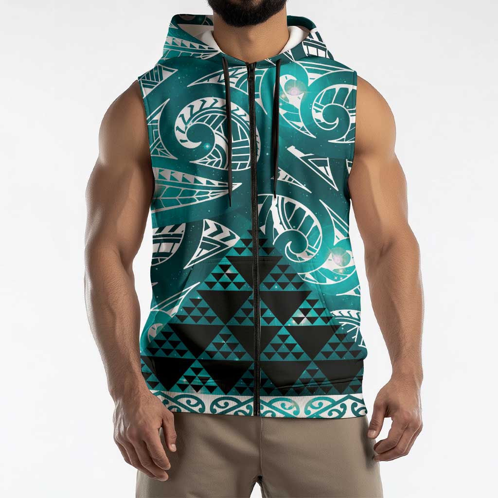 Matariki New Zealand Sleeveless Zip Hoodie NZ Niho Taniwha Maori New Year Cyan Galaxy LT14 - Polynesian Pride