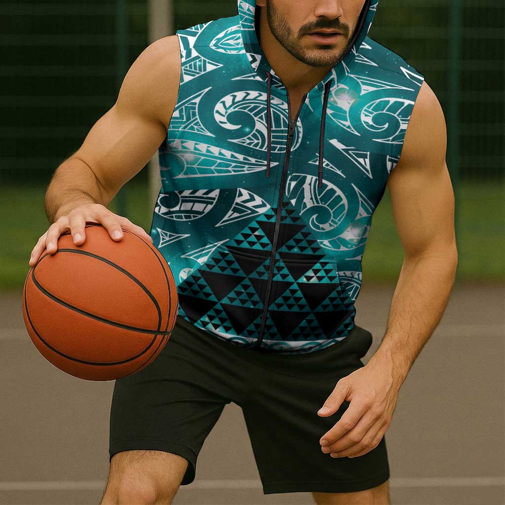 Matariki New Zealand Sleeveless Zip Hoodie NZ Niho Taniwha Maori New Year Cyan Galaxy LT14 - Polynesian Pride