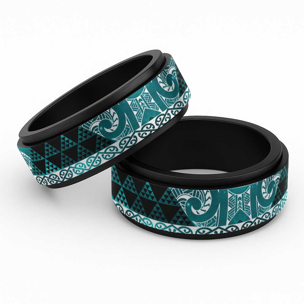 Matariki New Zealand Spinner Ring NZ Niho Taniwha Maori New Year Cyan Galaxy LT14 Black Cyan - Polynesian Pride