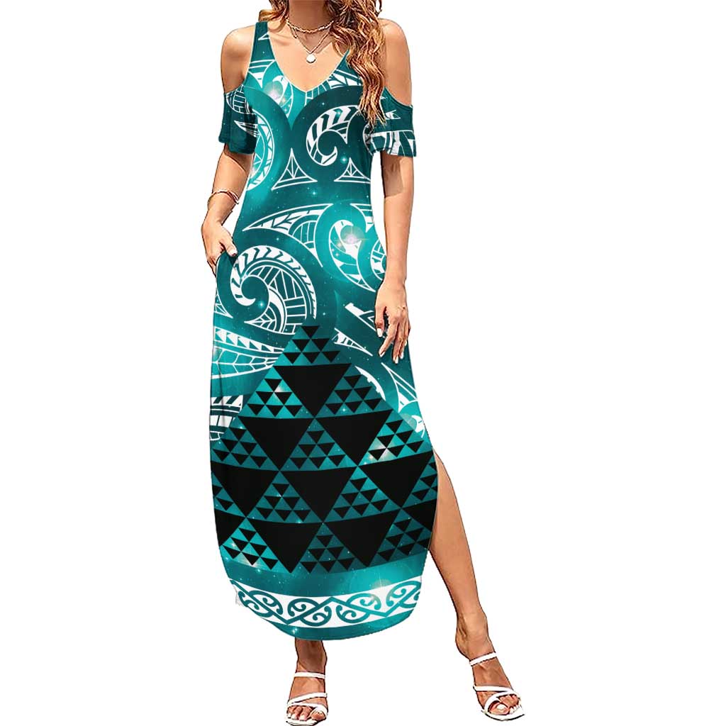Matariki New Zealand Summer Maxi Dress NZ Niho Taniwha Maori New Year Cyan Galaxy LT14 Women Cyan - Polynesian Pride