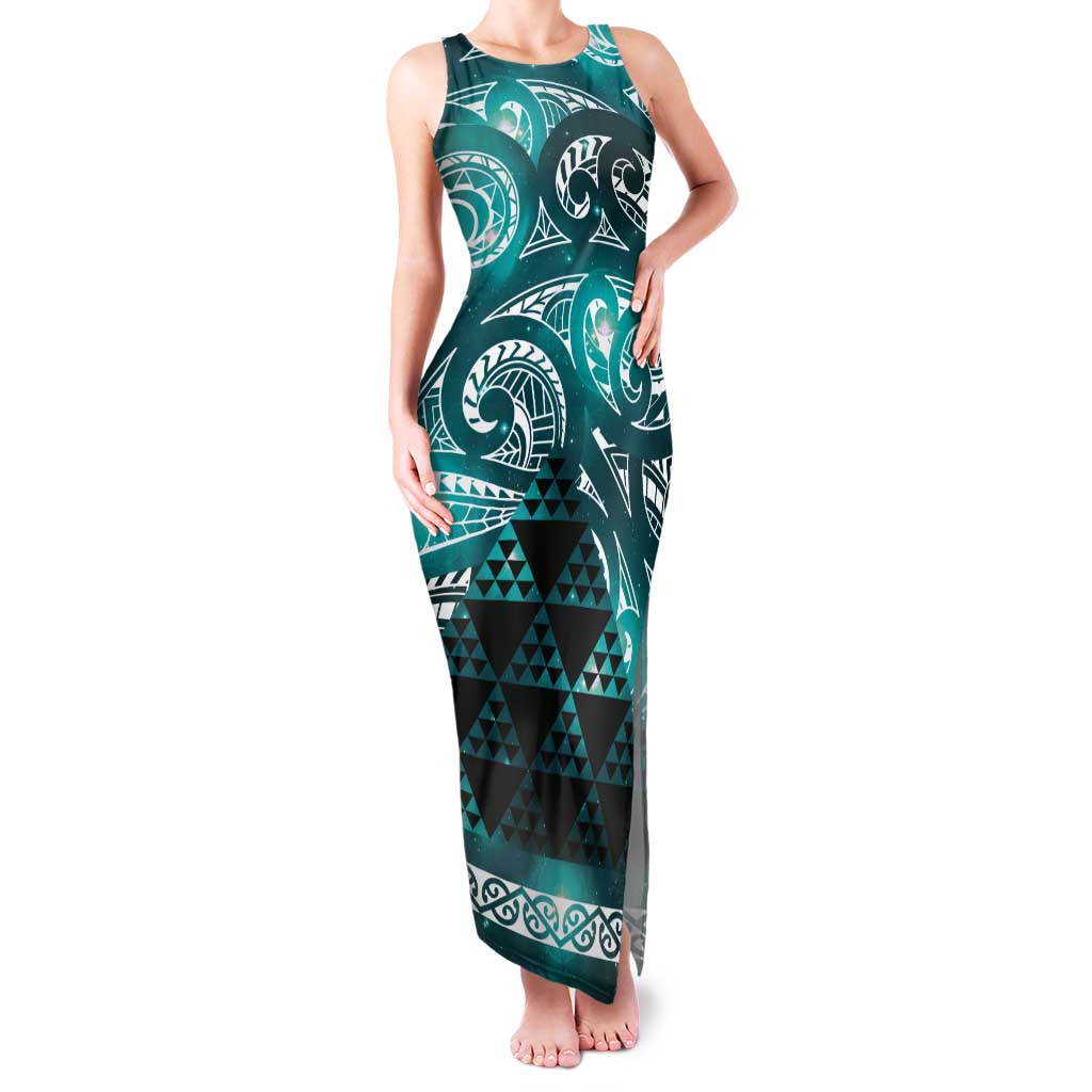 Matariki New Zealand Tank Maxi Dress NZ Niho Taniwha Maori New Year Cyan Galaxy LT14 Women Cyan - Polynesian Pride