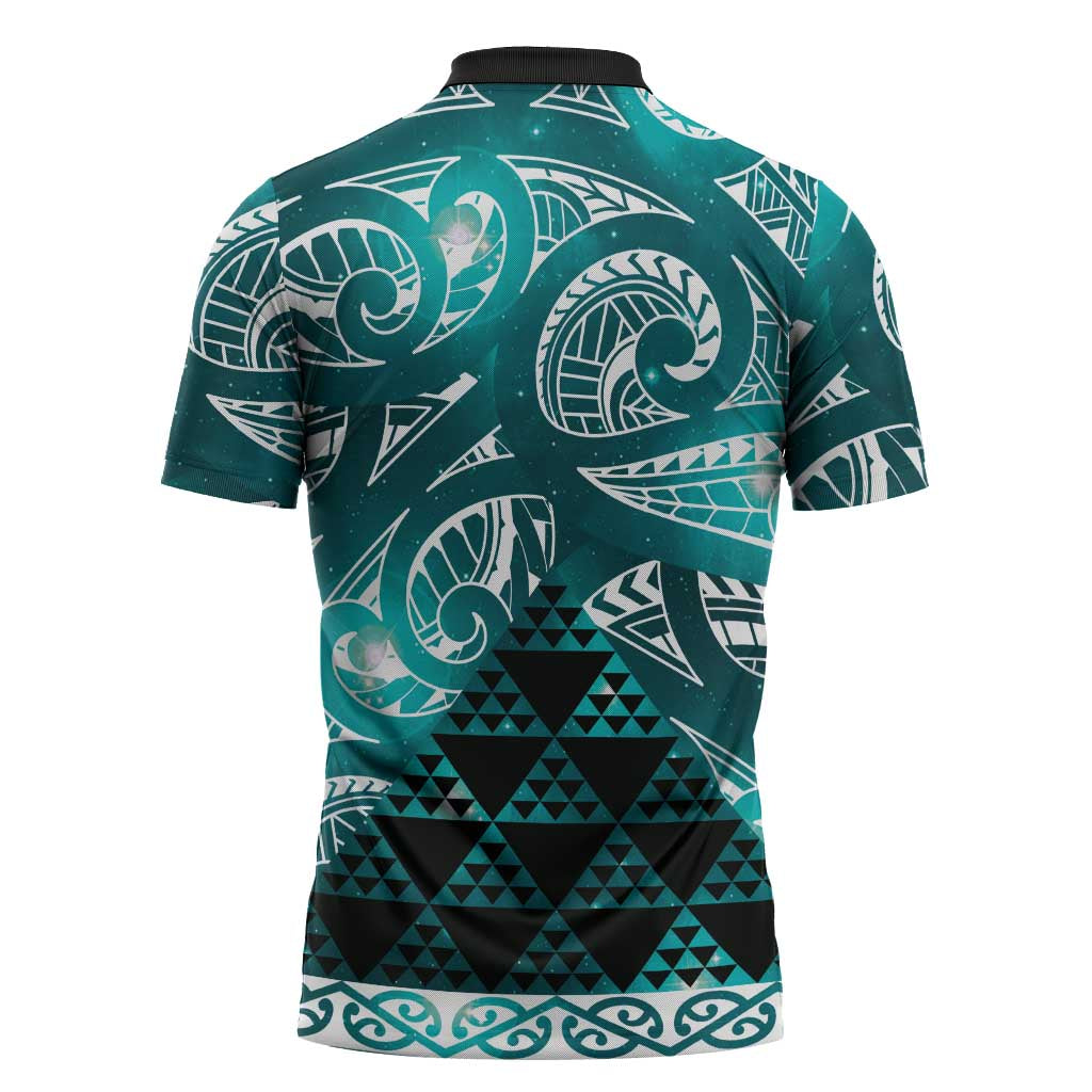 Matariki New Zealand Zipper Polo Shirt NZ Niho Taniwha Maori New Year Cyan Galaxy LT14 - Polynesian Pride