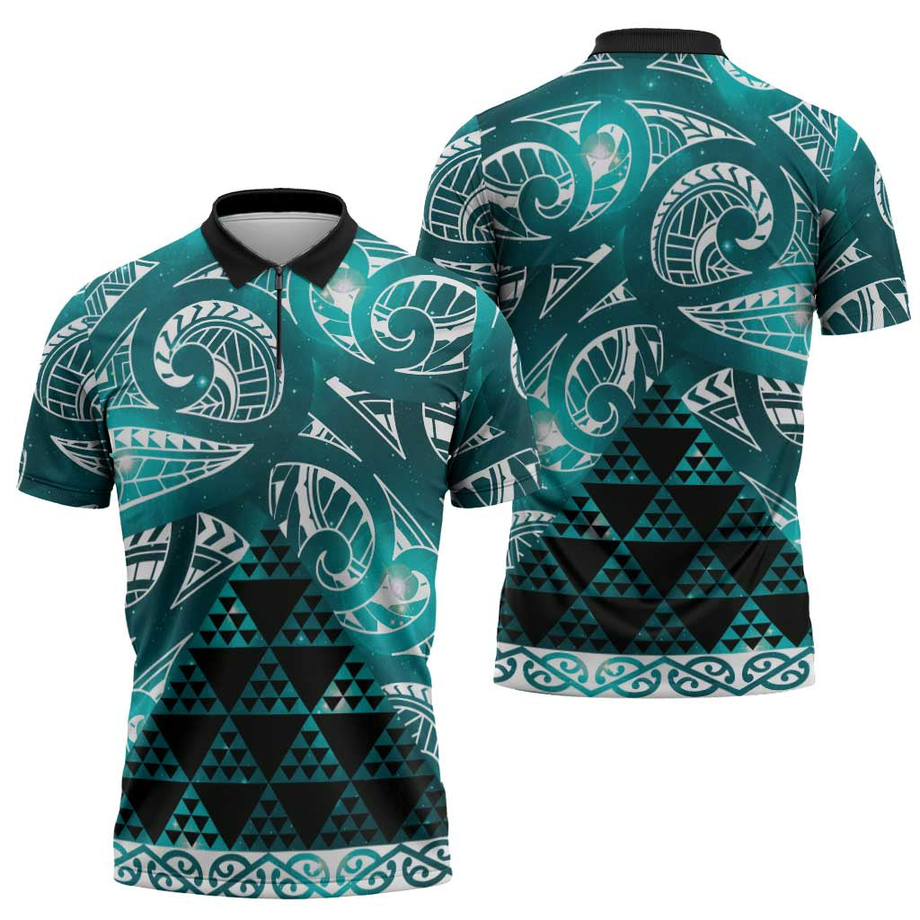 Matariki New Zealand Zipper Polo Shirt NZ Niho Taniwha Maori New Year Cyan Galaxy LT14 - Polynesian Pride