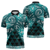 Matariki New Zealand Zipper Polo Shirt NZ Niho Taniwha Maori New Year Cyan Galaxy LT14 - Polynesian Pride