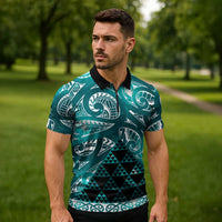 Matariki New Zealand Zipper Polo Shirt NZ Niho Taniwha Maori New Year Cyan Galaxy LT14 - Polynesian Pride