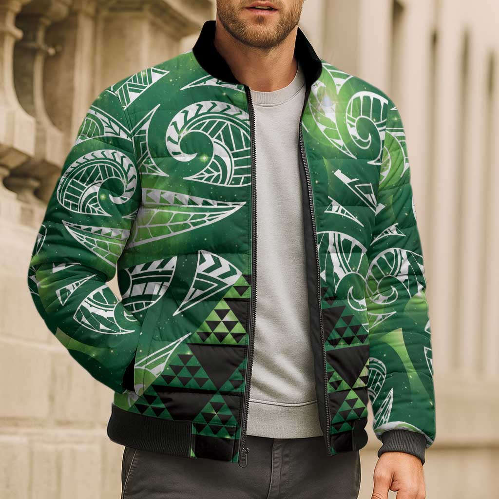 Matariki New Zealand Bomber Puffer Jacket NZ Niho Taniwha Maori New Year Green Galaxy