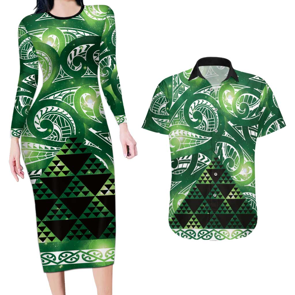 Matariki New Zealand Couples Matching Long Sleeve Bodycon Dress and Hawaiian Shirt NZ Niho Taniwha Maori New Year Green Galaxy LT14 Green - Polynesian Pride