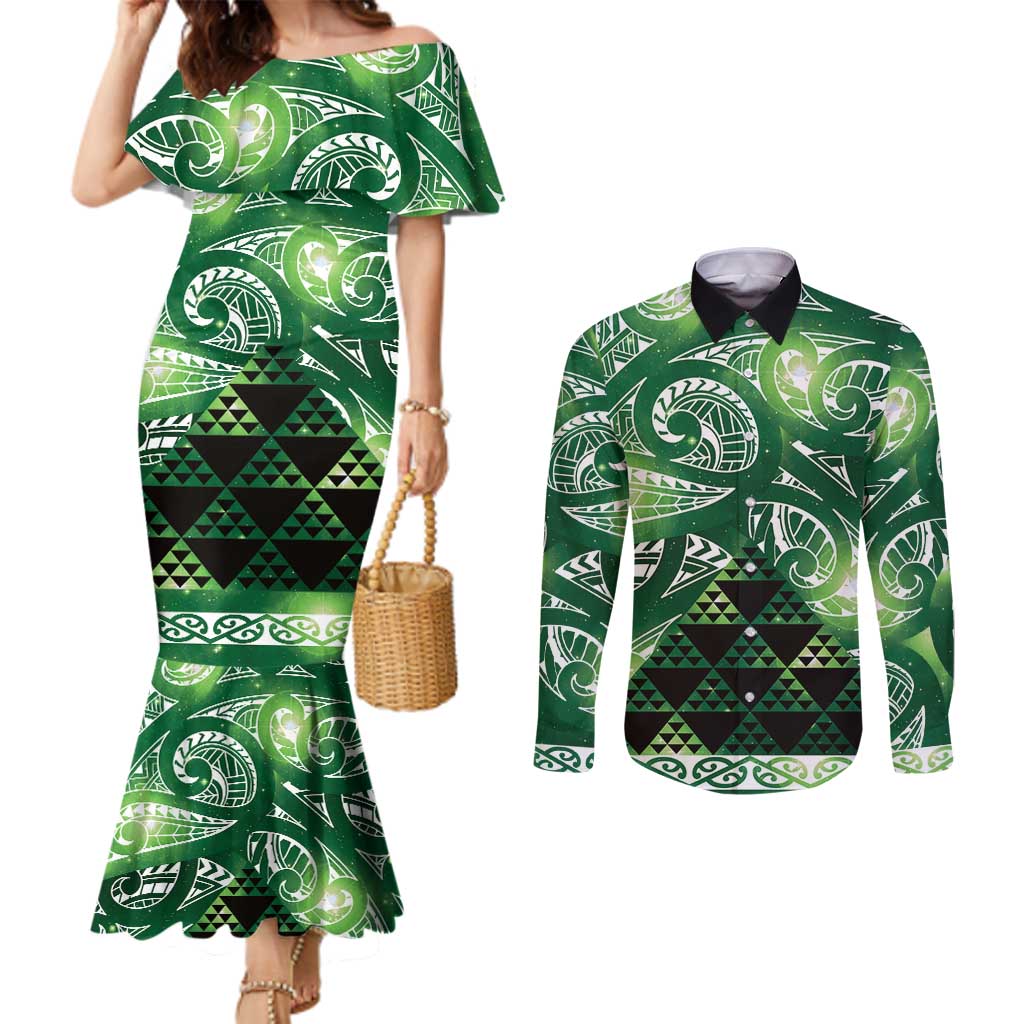 Matariki New Zealand Couples Matching Mermaid Dress and Long Sleeve Button Shirt NZ Niho Taniwha Maori New Year Green Galaxy