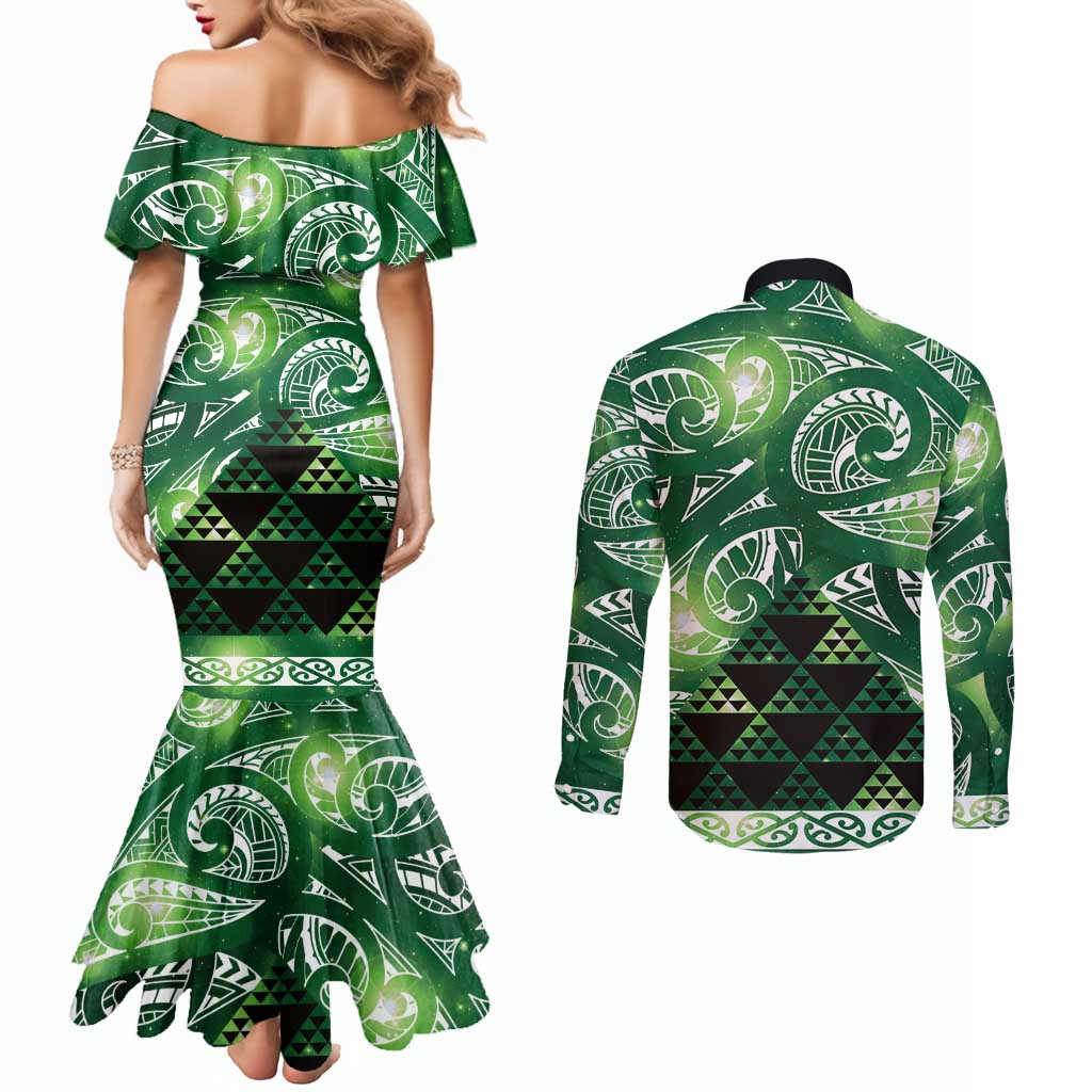 Matariki New Zealand Couples Matching Mermaid Dress and Long Sleeve Button Shirt NZ Niho Taniwha Maori New Year Green Galaxy