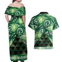 Matariki New Zealand Couples Matching Off Shoulder Maxi Dress and Hawaiian Shirt NZ Niho Taniwha Maori New Year Green Galaxy