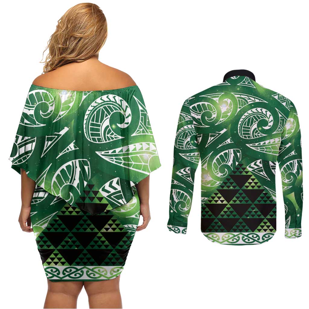 Matariki New Zealand Couples Matching Off Shoulder Short Dress and Long Sleeve Button Shirt NZ Niho Taniwha Maori New Year Green Galaxy