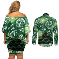 Matariki New Zealand Couples Matching Off Shoulder Short Dress and Long Sleeve Button Shirt NZ Niho Taniwha Maori New Year Green Galaxy