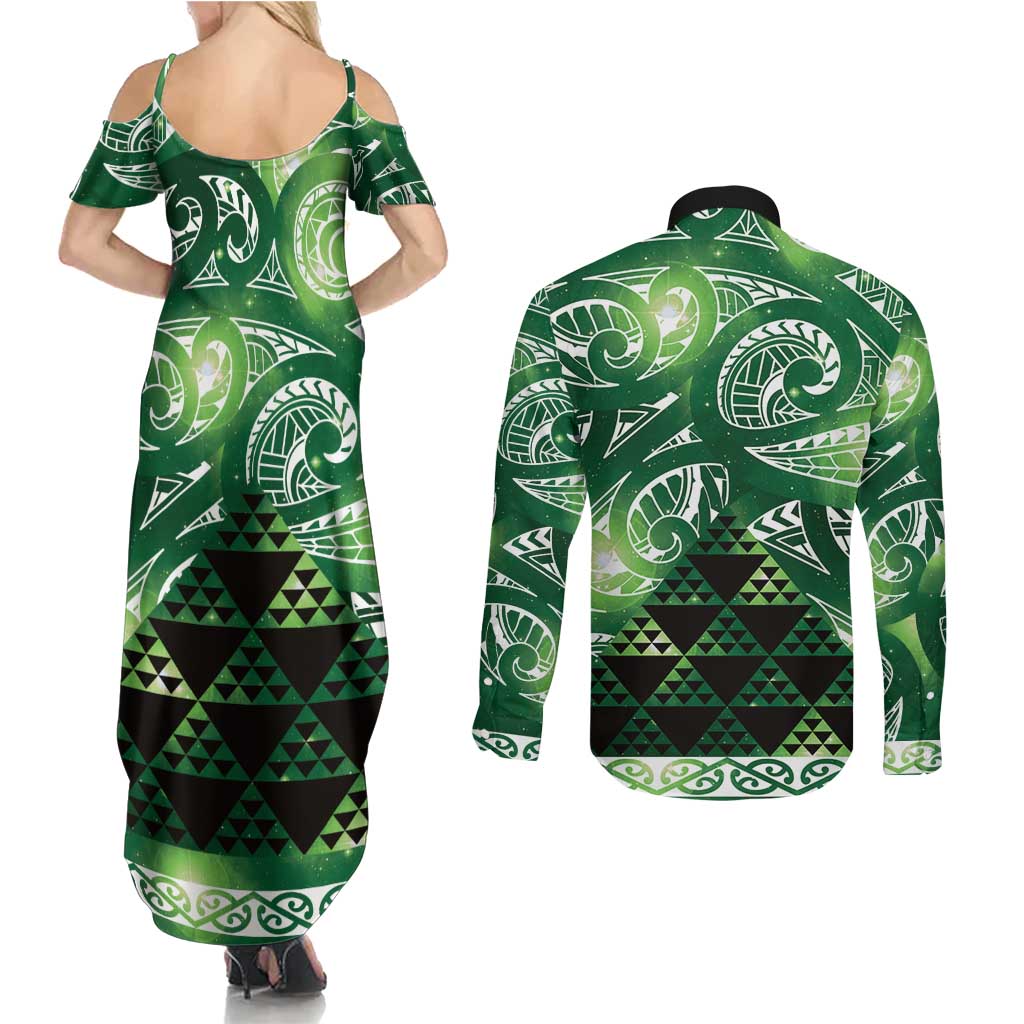 Matariki New Zealand Couples Matching Summer Maxi Dress and Long Sleeve Button Shirt NZ Niho Taniwha Maori New Year Green Galaxy